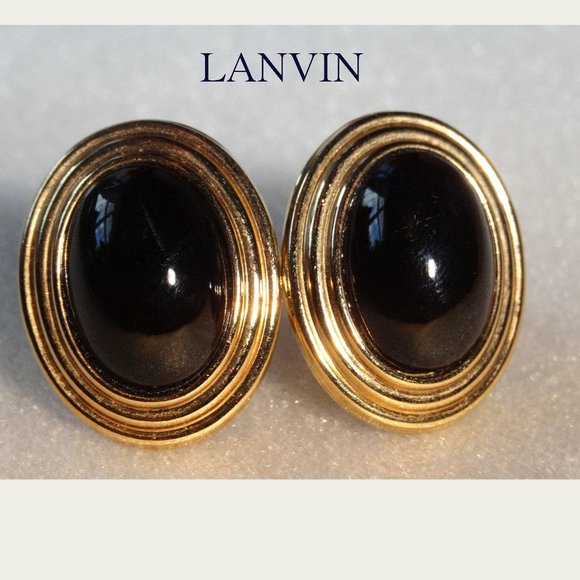 Lanvin Jewelry - LANVIN Vintage Onyx Glass Cabochon Gold Earrings